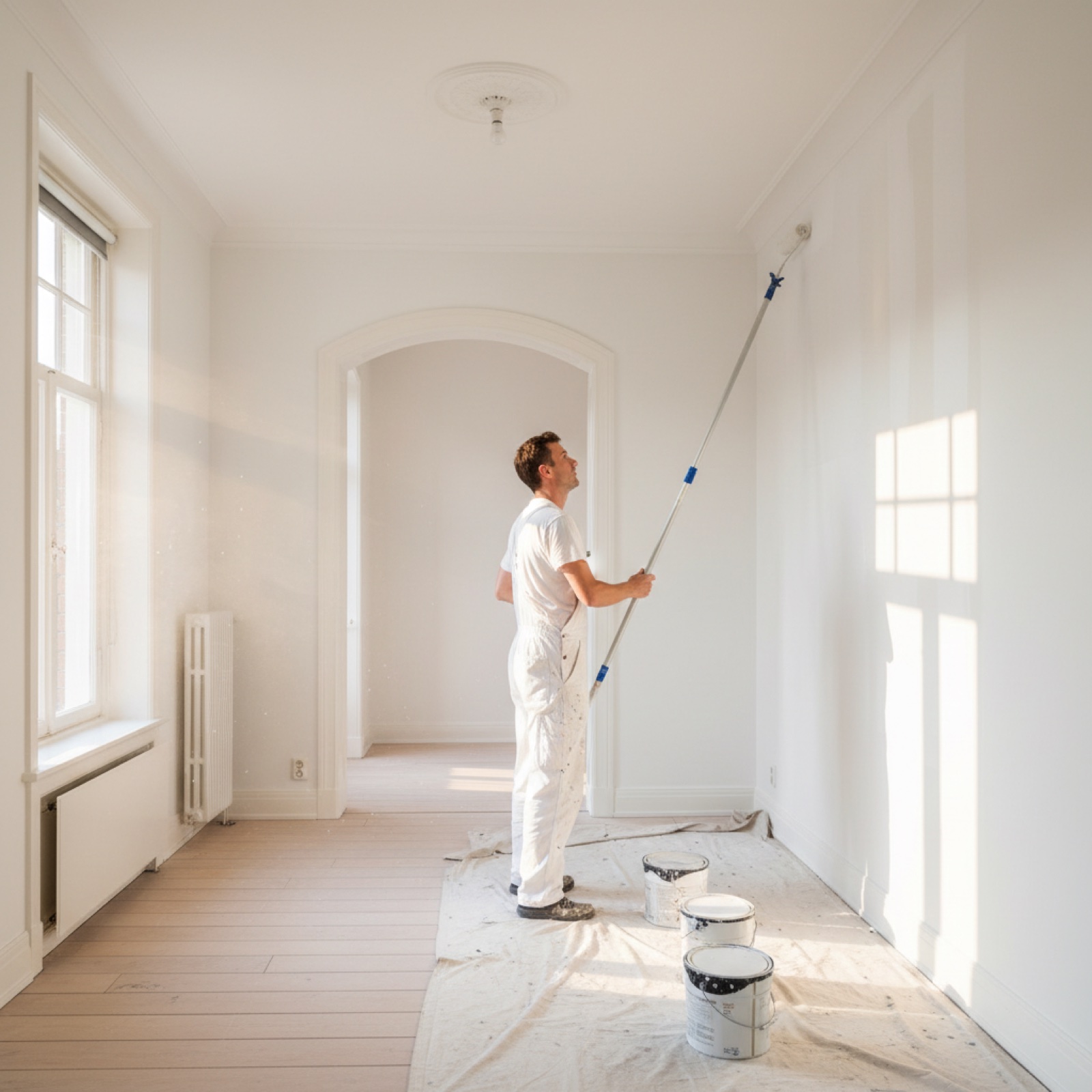 Schilder aan het werk in een lichte woonkamer